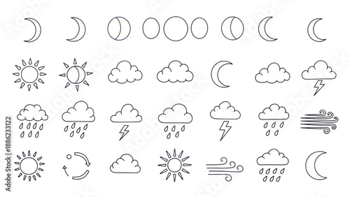 Weather Icons Set: Moon Phases, Sun, Clouds, Rain, Lightning, Wind