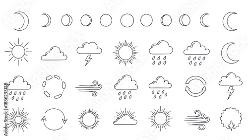 Weather Icons Set: Moon Phases, Sun, Clouds, Rain, Lightning, Wind