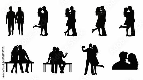 Silhouettes of couples in romantic poses and gestures.