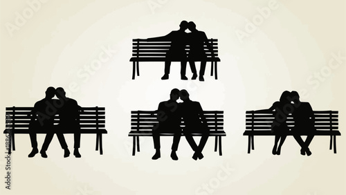 Silhouettes of couples kissing on park benches.