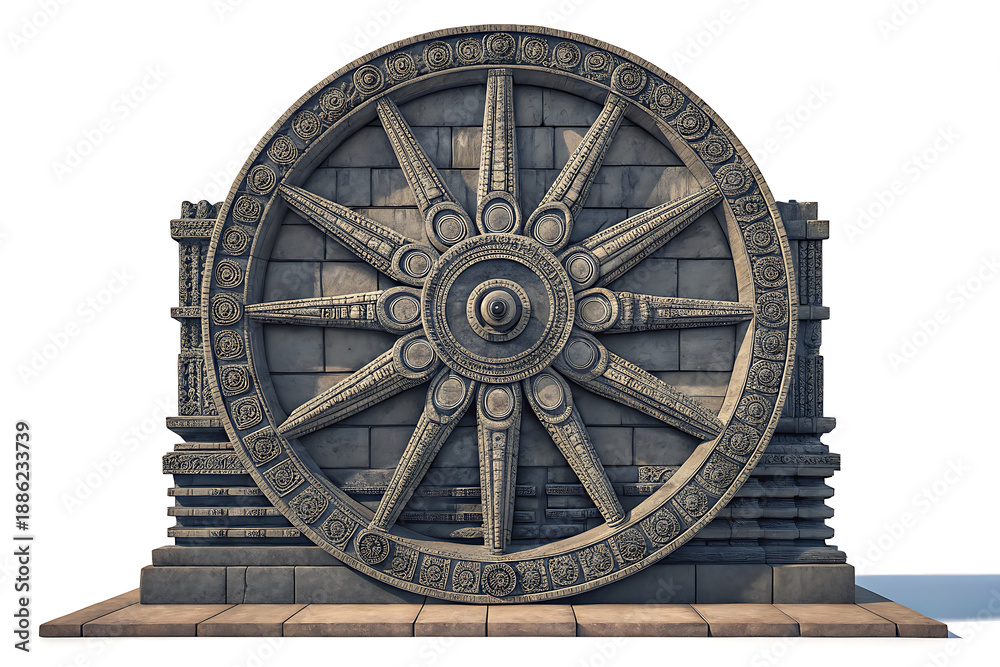 Fototapeta premium Sun Temple Konark wheel rendered as clean radial lines, dark stone gradient