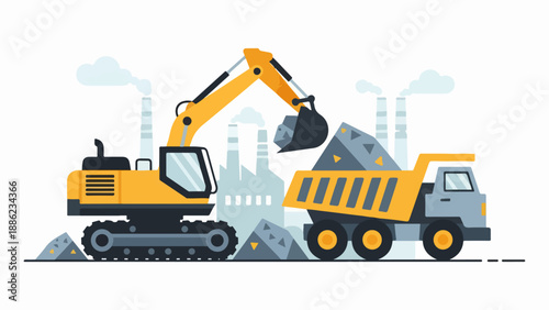 Heavy machinery in action at a construction site with excavator and dump truck
