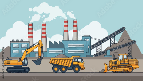 Heavy machinery operating at an industrial site with excavators and dump trucks in action