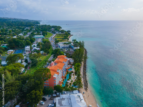 Holetown Beach and coastal resorts aerial view in historic city center of Holetown, St. James Parish, Barbados. 