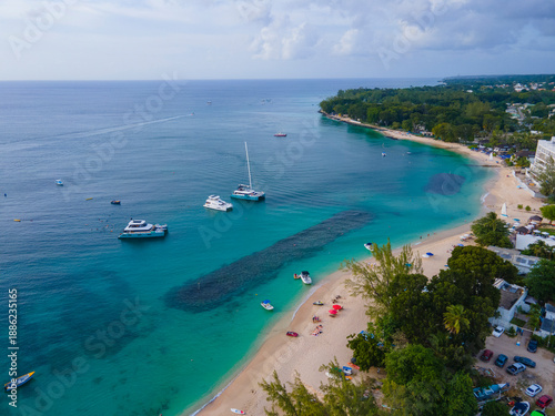 Holetown Beach and Folkestone Marine National Park aerial view in historic city center of Holetown, St. James Parish, Barbados. 