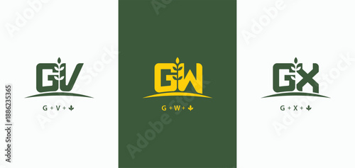 Set of initials letter GV, GW, and GX with grow plant logo design. GV leaf symbol. GW monogram nature logo. GX agriculture farm business logotype
