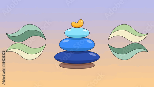 Minimalist illustration of a serene blue stone cairn crowned with a golden accent, flanked by gentle green leaf-like shapes, embodying natural balance and peaceful contemplation