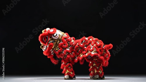 Vibrant red lion dance costume performing traditional Chinese cultural celebration