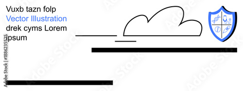 Education, science communication, security, learning environments, institutional branding, academic safety. Shield with science symbols beside a cloud and horizontal lines. Education and science