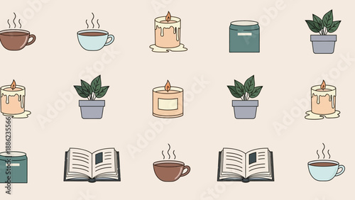 Cozy home comfort icon set in flat design, featuring warm drinks, lit candles, open books, and potted plants. Ideal for relaxed and serene lifestyle illustrations