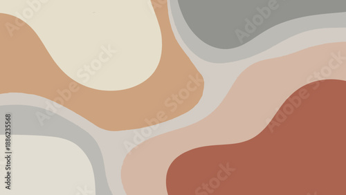Organic abstract background with smooth, flowing shapes in a warm, modern palette of earthy tones, beige, and grey, ideal for contemporary design and digital art