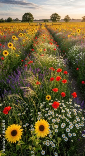 A vibrant wildflower meadow path under a serene sunset sky.
