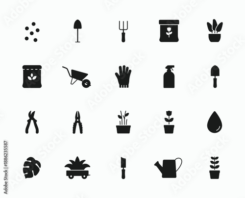 Gardening simple fill style icons set. Gardening tools, flower, seed, plants, shovel, fork, trowel symbol logo icon collections