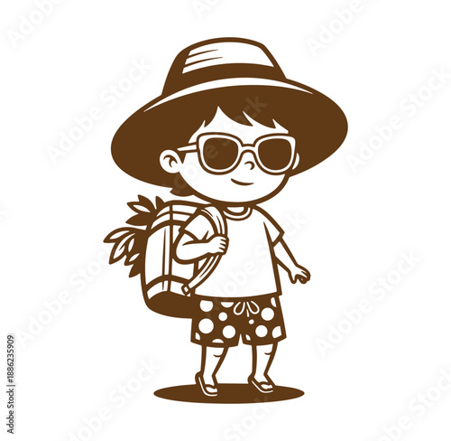 Cartoon illustration of a young child prepared for a vacation with hat sunglasses and backpack