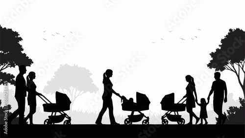 Silhouettes of families with strollers walking in a park.
