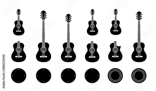 Acoustic Guitar Black Vector Icon Set Minimal Musical Instrument Symbols Isolated on White Background