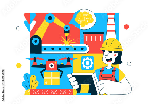 AI Robotics In Industry Vector Illustration Featuring Smart Automation, Industrial Robots, Advanced Manufacturing Technology Background