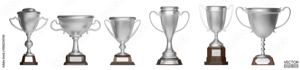 Fototapeta premium Set of 3d trophy cups silver isoleted on white background. Silver award cups, Winner silver cups. 3D vector illustration.