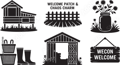 Farmhouse and garden icons silhouettes coop welcome sign baskets boots rustic shed fence and flowers