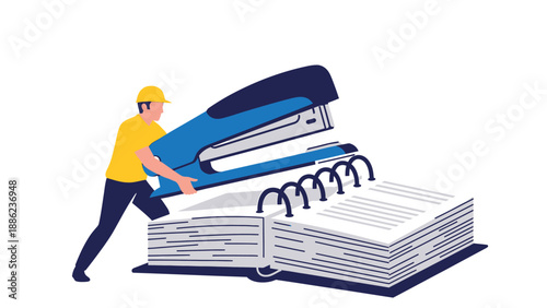 Exaggerated Stapler Use: Humorous Office Illustration