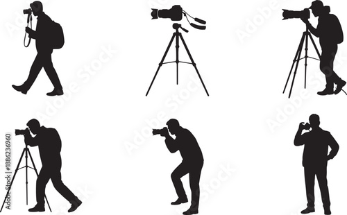 Professional photographer silhouettes set showing various shooting poses with camera on tripod