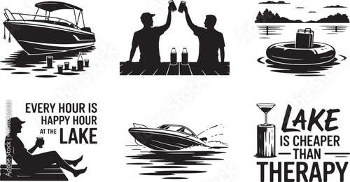 Set of black lake elements, boat, people enjoying, and phrases about lake vector illustration