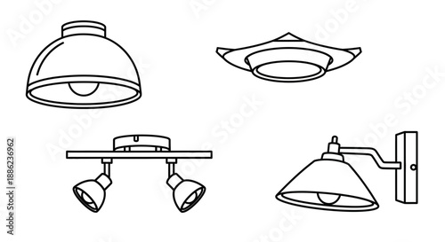 Collection of various black line style outdoor lighting fixtures for modern homes and gardens displayed on a clean white background for easy visualization and selection.