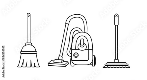 Simple black line illustration of cleaning tools including broom, vacuum cleaner, and mop on a white background for household and office use.