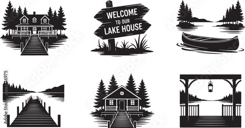 Set of black lake house and lake elements, a welcome sign, boat and canoe vector illustration