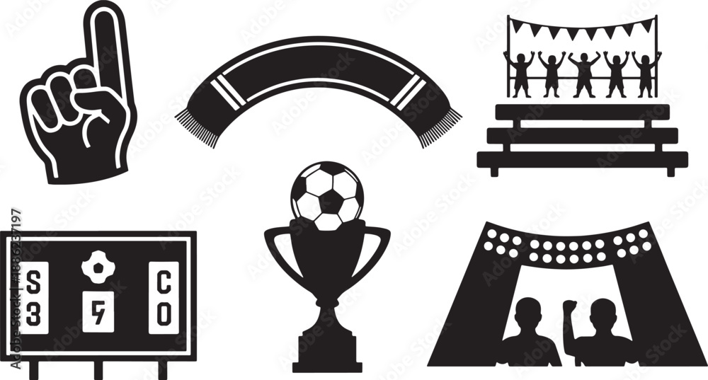 Fototapeta premium Soccer icons including a foam finger, a scarf, bleachers, a scoreboard, a trophy, and fans
