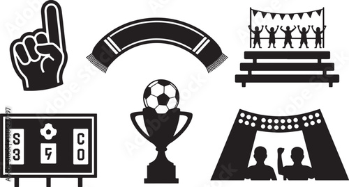 Soccer icons including a foam finger, a scarf, bleachers, a scoreboard, a trophy, and fans