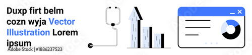 Healthcare analytics, data visualization, market research, business strategy, performance tracking, and medical tools. Graph bars, chart stethoscope symbols. Healthcare analytics and data