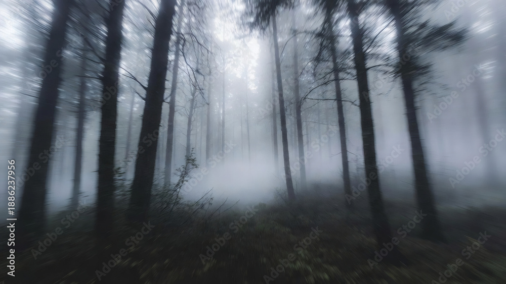 Fototapeta premium Mystical Forest in Fog: A serene yet enigmatic forest scene enveloped in a dense layer of fog, with towering trees that add a touch of tranquility to the misty environment.