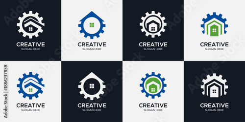 Industrial Home Architecture and Repair Logo Bundle, House and Gear Integration Symbols for Property Maintenance, Construction Engineering, and Smart Building Solutions
