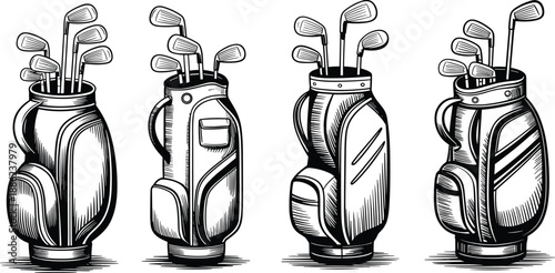 Vintage golf bag illustration set with clubs, detailed hand drawn engraving style, classic sports equipment collection in black and white