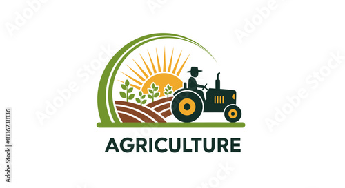Agriculture logo with farmer driving tractor in field at sunrise.