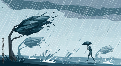 Melancholy Person Walking Through Rain with Umbrella Beside Twisted Tree – Illustration