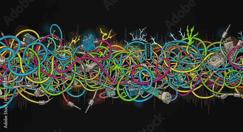 Dynamic chaos of colorful wires network captured in high‑contrast black backdrop from a frontal viewpoint