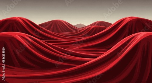 Red fabric drapes over rolling hills in digital illustration, seen from a sweeping viewpoint