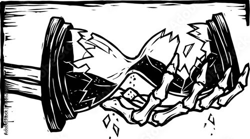 Broken hourglass held by skeleton hand concept