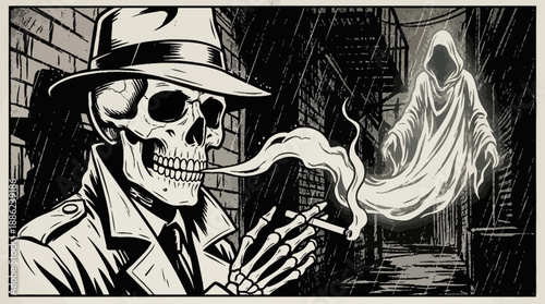 Detective skeleton smoking cigarette with ghost figure illustration