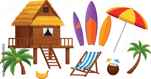 Tropical beach vacation illustration set with hut, surfboards, umbrella, palm trees and relaxing summer seaside elements in colorful vector style
