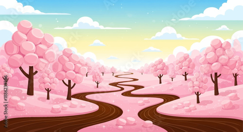 Winding road journey through cherry blossom forest under serene sky illustration