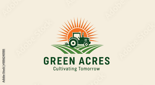 Green Acres Cultivating Tomorrow logo with tractor, fields, and sun.