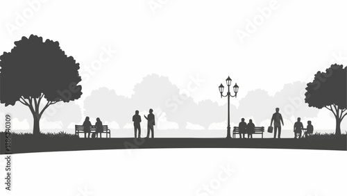 Silhouettes of people enjoying a park on a sunny day.
