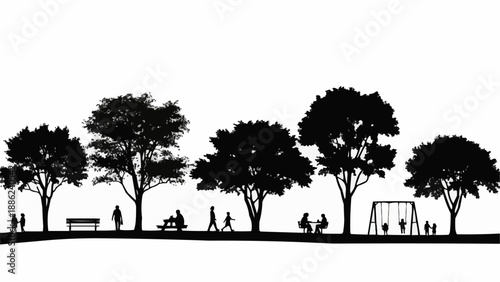 Silhouettes of people and trees in a park setting.