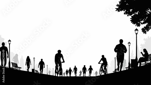 Silhouettes of people cycling and running in a park.