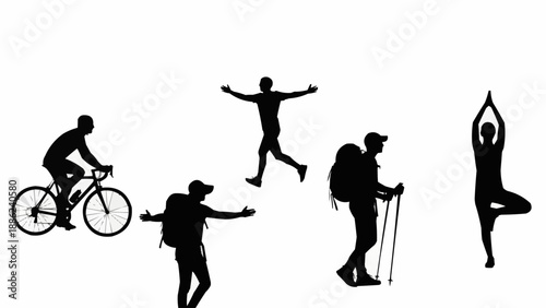 Silhouettes of people engaged in various outdoor activities and sports.