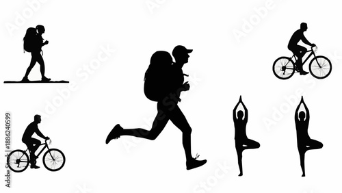 Silhouettes of people engaged in various outdoor activities and sports.