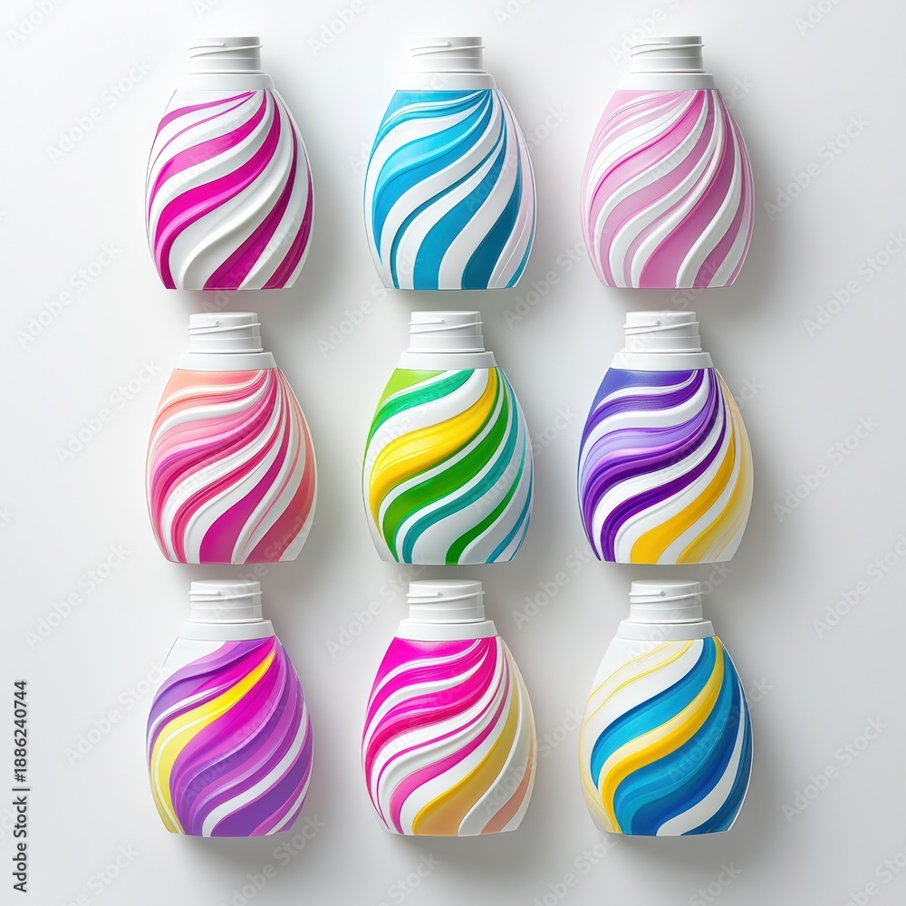 Obraz premium A creative flat lay composition of cosmetic bottles with vibrant and colorful labels, arranged neatly against a clean white background. Each bottle is in sharp focus, showcasing modern designs and